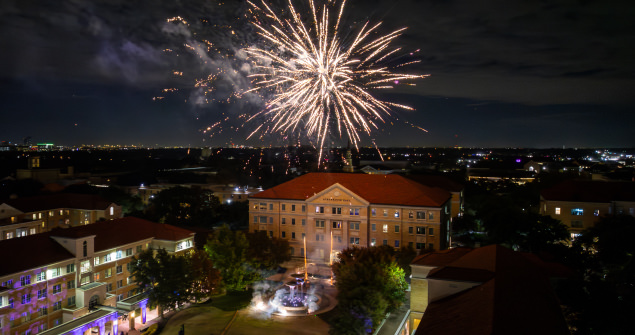 Fireworks light up the sky above the TCU Campus Commons