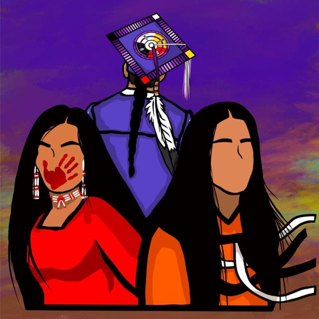 Stylized rendering of three Indigenous figures, one dressed in graduation regalia, one with a red handprint across her mouth, and one looking to the side