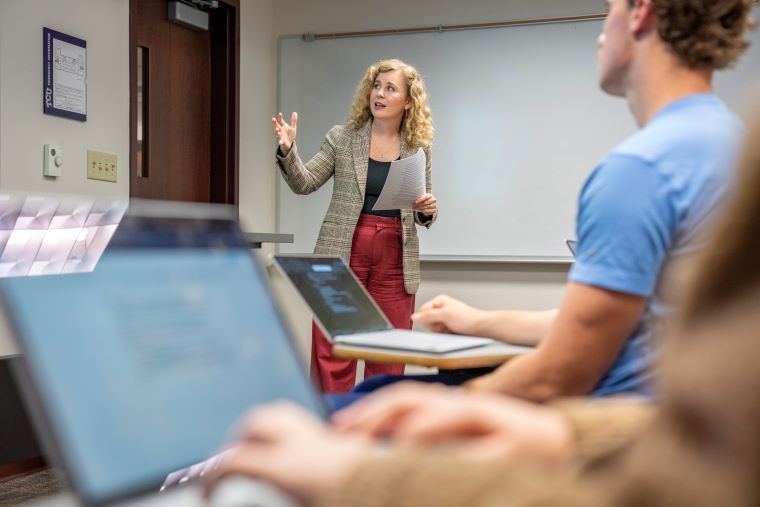 Assistant professor of history Melissa Reynolds teaches her course The World Expanded: Europe 1348-1789 (HIST 10213) in Reed Hall, November 20, 2024. Photo by Jeffrey McWhorter.